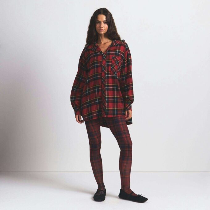 FLANNEL SLEEP OVERSIZED HOODED BUTTON UP SHIRT