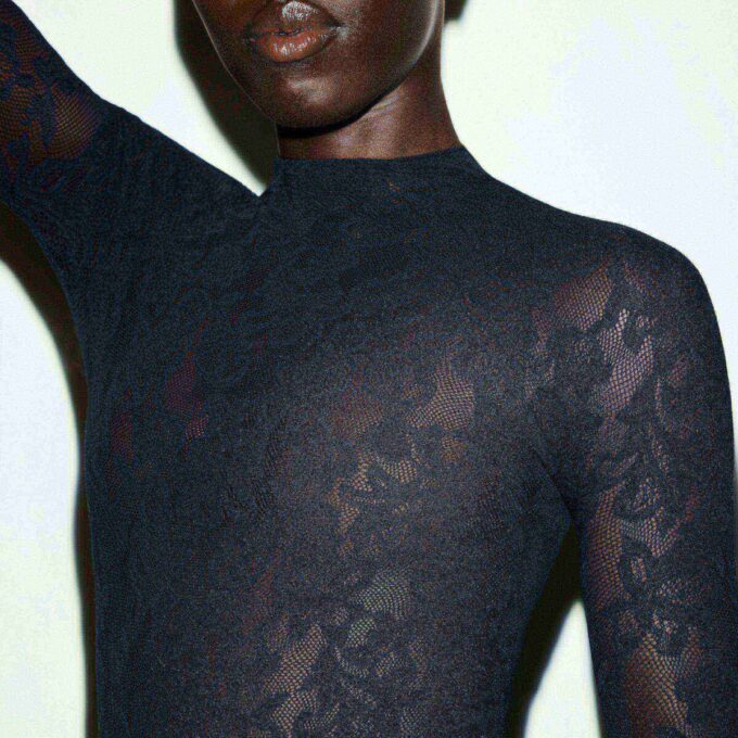 KNIT LACE MOCK NECK LONG DRESS KNIT LACE MOCK NECK LONG DRESS