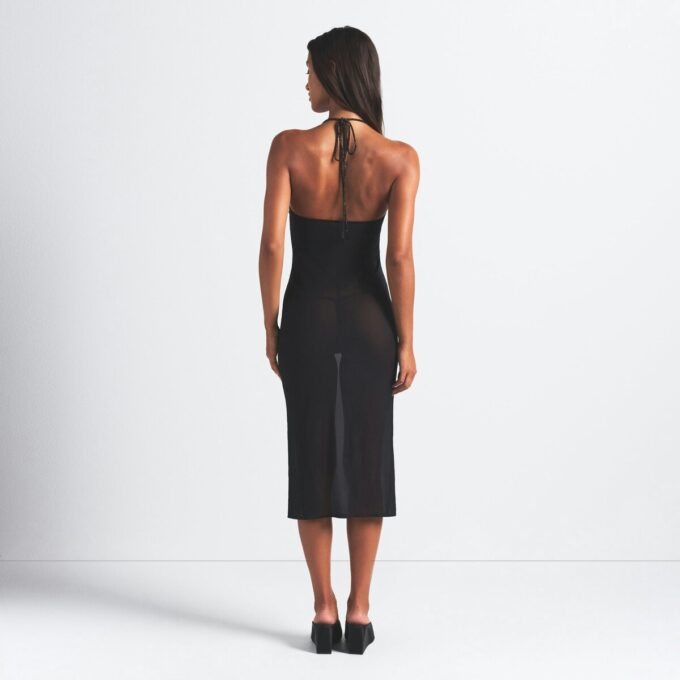 RHINESTONE KNIT HALTER MIDI SLIP DRESS