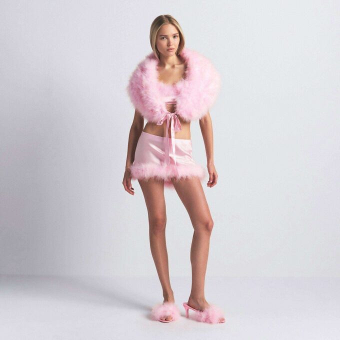 SILK FEATHER TRIM TIE SHAWL